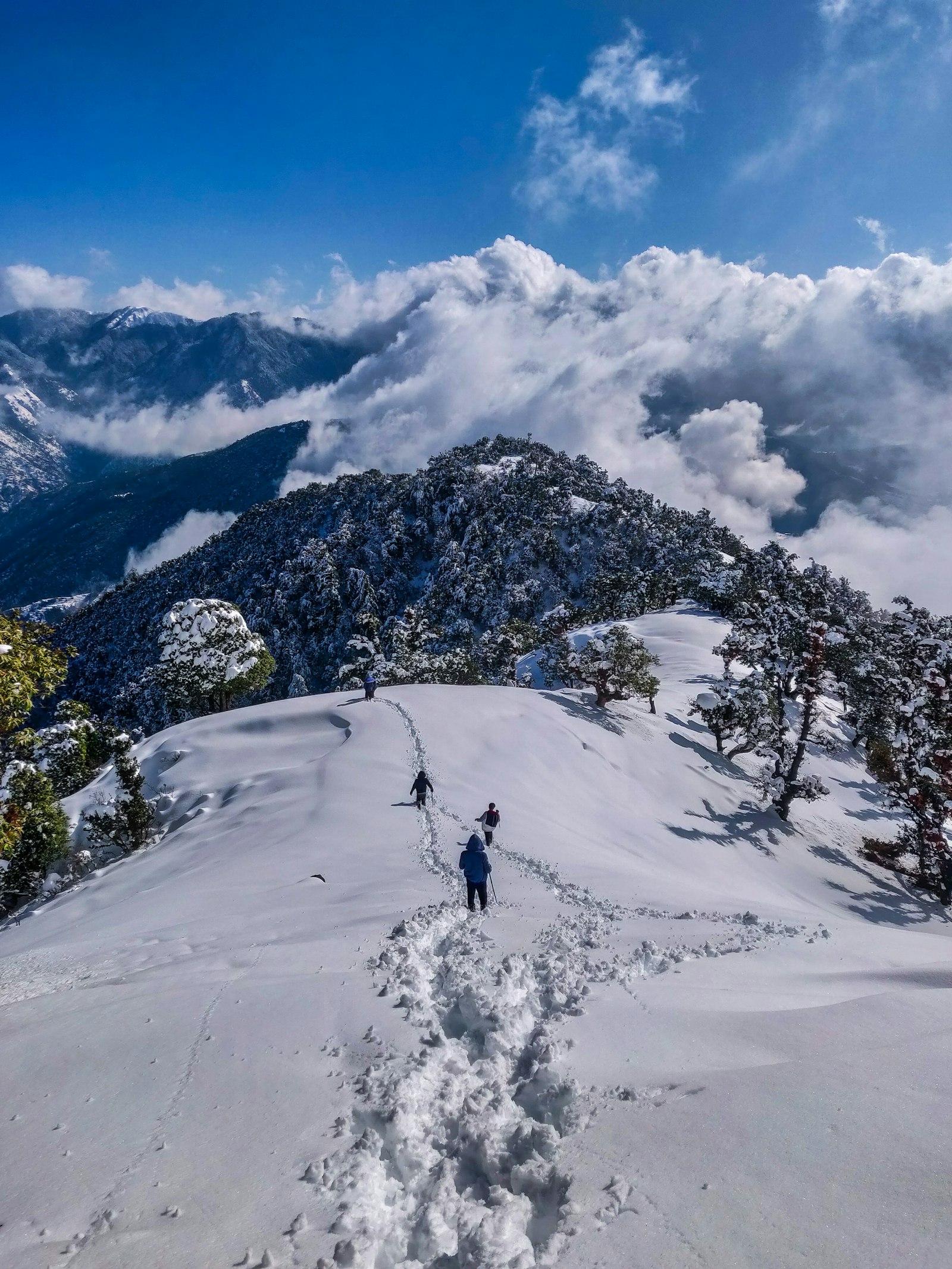 Snow-capped Himalayan peaks above a green valley in Himachal Pradesh